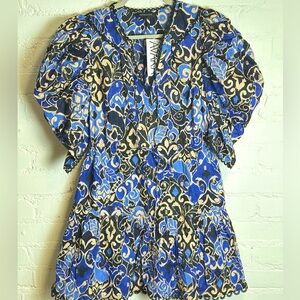 Olivaceous Mini Dress | NWT Blue & Black Sandra Puff Sleeve Ruffled Dress Size M